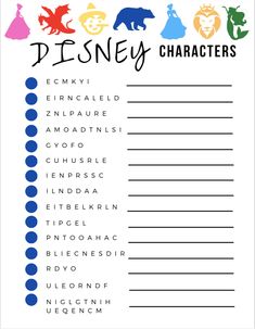 the disney character list is shown in black and white with colorful silhouettes on it