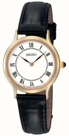 Seiko SFQ830P1 - In stock. Gold plated case Roman numerals White dial Black leather strap 30M water resistant Case width: 26mm Case depth: 5mm. Official Seiko UK retailer. The Seiko SFQ830P1 comes with free delivery, 2 year guarantee, 30 day returns and box. Seiko Watch, Display Type, Dive Watches, Black Case