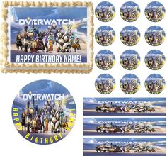 a birthday cake with an image of people on horseback and the words overwatch are surrounded by other images