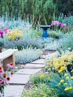 a garden filled with lots of flowers next to a wooden bench in the middle of it