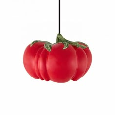 three tomatoes hanging from a black cord