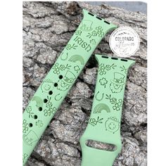 This adorable St. Patrick's print makes a cute addition to your watch. Laser engraved for a subtle look. This is too cute to pass up! Please verify your watch size before selecting your band size. Locate your watch size on the backside of your watch. Band sizes available are: 38/40mm (S/M & M/L) or 42/44mm (S/M & M/L). *NOTE: The 38/40mm (S/M & M/L) bands fit the 41mm Series 7 Apple Watch. The 42/44mm (S/M &M/L) bands fit the 45mm Series 7 Apple Watch. Pictured on: - Pastel Green Customizable Green Watch Bands For Gift, Handmade Green Watch Accessories Gift, Handmade Green Watch Accessories As Gift, Adjustable Customizable Green Watch Bands, Green Adjustable Customizable Watch Bands, Cute Apple Watch Bands, Random Crafts, Irish Shamrock, Apple Watches