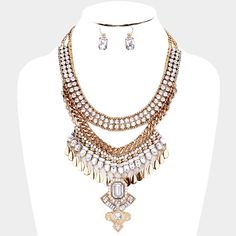 Necklace Size : 17" + 3" L Decor Size : 4.75" L Earring Size : 1" L Metal Dangle Necklaces With Bling, Sparkling Metal Dangle Necklace, Gold Dangle Necklace With Bling, Antique Stone, Necklace Size, Necklace Sizes, Lowest Price, Jewelry Sets, Statement Necklace