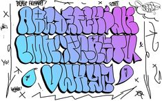 some type of graffiti written in blue and purple colors on a white background with the words,