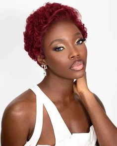 31 stunning ways to rock burgundy hair on dark skin this year! Burgundy Hair On Dark Skin, Pixie Curly Wig, Black Wedding Makeup, Red Pixie Haircut, Pretty Red Hair, Red Pixie, Hair Charms, Goddess Braids Hairstyles, Skin Photo