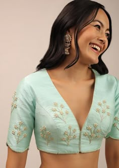 Buy Mint Green Raw Silk Hand-embroidered V Neck Blouse Made to online on Etsy India. Shop for handmade, vintage and unique Saree Blouses & Cholis items from QueenWomen online on Etsy Front Blouse Designs, Zardosi Work Blouse, Fashionable Saree, Moti Work, Embroidery Blouses, Zardosi Work, Gents Kurta, Kalki Fashion