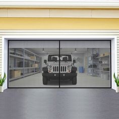 an image of a garage with a jeep in the center and plants on the side