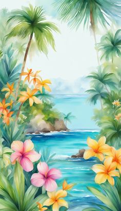 Aesthetic Tree Drawing, Summer Flower Drawing, Hawaiian Images, Illustration Phone Wallpaper, Cute Aesthetic Background, Phone Wallpaper Iphone, Tropical Aesthetic, Tropical Illustration, Tropical Painting