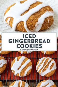 iced gingerbread cookies on a cooling rack with icing