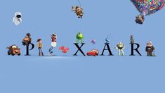 the word pixar spelled out with cartoon characters and balloons in the sky above them