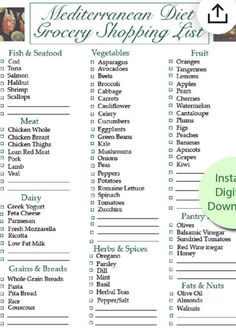 a printable grocery shopping list with the words,'mediterranean diet grocery shopping list '