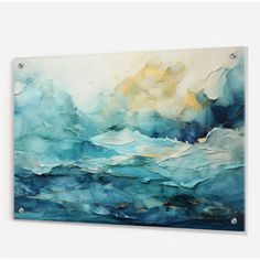 an abstract painting with blue, yellow and white colors on the canvas is hanging on a wall