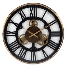 a black and gold clock with gears on it's face against a white background