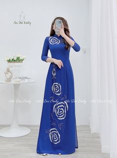 🌻Material: Chiffon. Color: Blue     Stretchy level: 3/10 🌻 The measurement of this ao dai (long dress) is in Vietnamese size (American size tends to be bigger for the same size). Please LOOK AT THE SIZE CHART CAREFULLY BEFORE ORDERING. There might have some chalk writings on the fabric due to making process. These marks can be washed away easily. 🌻No returns or exchanges Buyer can contact seller about any issues with an order. 🌸 Follow us Facebook/aodaiemily www.aodaiemily.com 💜 Thank you v Long Blue Ao Dai For Spring, Luxury Blue Long Sleeve Ao Dai, Formal Fitted Floor-length Ao Dai, Elegant Floor-length Fitted Ao Dai, Luxury Blue Long-sleeve Ao Dai, Chalk Writing, Double Layer, Dress Clothes For Women, Special Events