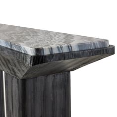 a close up of a wooden table with marble top and metal base, on a white background