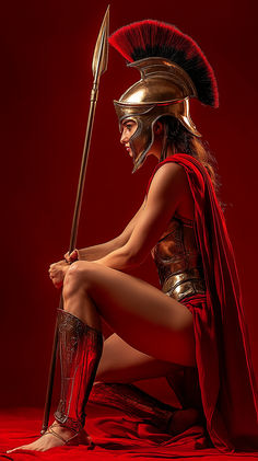 a woman dressed in roman garb holding a spear and sitting on the ground with her legs crossed