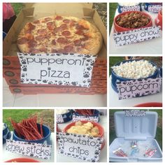 there are many pictures of different pizzas in the box and on the table together