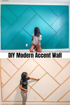 two photos with the words diy modern accent wall