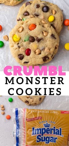 two cookies with m & m candy on top and the words crumbl monster cookies above