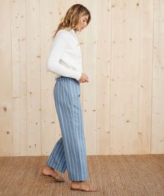 Bianca Pant Vintage Blue Stripe Our elevated, effortless striped pant is perfect for any occasion. Slide on your favorite Mules for a dressed up take, or wear them at home for the ultimate loungewear look. 88% viscose, 12% polyester. Made in China of Italian fabric. Straight leg pant with slight sheen and twill texture. Striped Relaxed Fit Wide Leg Pants, Spring Wide-leg Pants With Vertical Stripes, Casual Wide Leg Pants With Striped Hem, Striped Wide Leg Loungewear Bottoms, Chic Straight Pants With Vertical Stripes, Chic Loungewear Pants With Vertical Stripes, Spring Loungewear Pants With Vertical Stripes, Chic Striped Pants For Loungewear, Striped Wide Leg Bottoms With Relaxed Fit