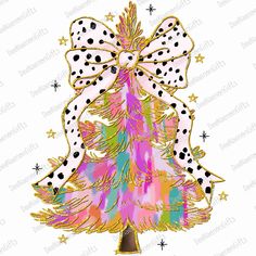 a colorful christmas tree with polka dots and bows on it's head, surrounded by stars