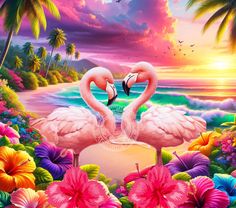 two flamingos are standing in the middle of flowers and palm trees, making a heart shape with their necks