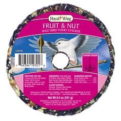 a bird feeder that has fruit and nut on it's back side, with the label