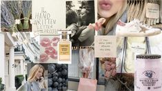 a collage of photos with pink and white items on them, including perfume bottles