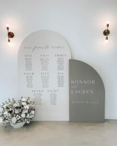 a table with flowers on it next to a sign that says the names of guests