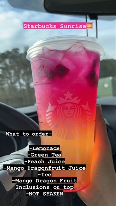 someone holding up a drink in their hand with the caption starbucks sunrise what to order lemonade