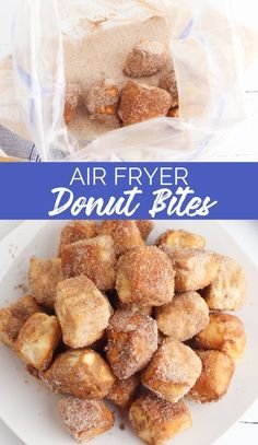 an air fryer donut bites recipe on a white plate with powdered sugar