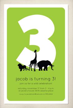 an animal birthday party is shown with the number three and two giraffes