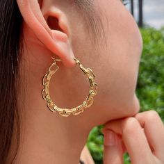 IMPORTANT **Please go through all the pictures i have posted for a listing with a ruler, on a model, on my hand, to get an exact idea of the actual size of the item. Sterling silver anchor link ear hoops dipped in gold. Price is for ONE PAIR. Size: 35 x 36x 5.5 mm Weight: 15 gm These earrings are made of real 925 hypoallergenic sterling silver, dipped in real gold. Can be packaged in a gift box. I can include a personal message from you if needed You are welcome to contact me at... bhavnakwintra Trendy Chunky Hoop Jewelry, Chunky Metal Hoop Earrings For Everyday, Everyday Chunky Metal Hoop Earrings, Chic Chunky Hoop Jewelry, Chunky Hoop Jewelry, Chunky Metal Hoop Earrings As A Gift, Gold Hoop Earrings With Gold Chain For Gift, Everyday Hoop Chain Jewelry, Gold Chunky Hoop Earrings Trendy Style