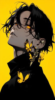 a man with black hair and yellow butterflies on his neck is staring at the sky