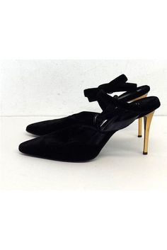 Size 7 Black & Gold Velvet Pointed Toe Strappy Heels Made in Italy Buckles up ankle Gold heel accent Some outsole/insole wear Well Used Heel height 4.5" Formal Ankle-high Sandals With Reinforced Heel, Ankle-high Synthetic Heels For Formal Occasions, Formal Ankle-high Sandals With Padded Heel, Evening Heels With Padded Ankle, Evening Ankle Heels, Elegant Padded Ankle Heels For Evening, Evening Heels With Padded Ankle Strap, High Heels With Padded Ankle For Evening, Elegant Evening Heels With Padded Ankle