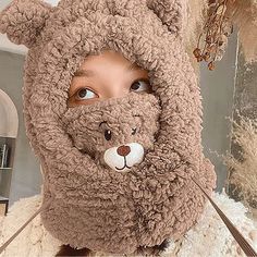 Winter Hat Scarf Set, Cute Bear Mask One-Piece Hat, Women's Winter Cycling Warm Windproof Autumn Winter Bear Hat Scarf (Khaki) Bucket Hat Style, Bear Mask, Scarf Bib, Mode Crochet, Sweater Hat, Fleece Hat, Bear Face, Bear Hat, Bear Ears