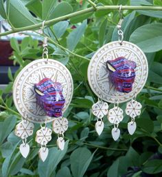 Long Jaguar Head & Carved White Gourd Earrings Handmade Oaxaca Mexican Folk Art Artisan Hand Painted Earrings For Festival, Artisan Earrings For Festivals, Bohemian Hand Painted Earrings For Festivals, Artisan Hand Tooled Drop Earrings, Artisan Hand-tooled Drop Earrings, Gourd Earrings, Folk Art Beaded Earrings, Gourd Necklace, Traditional Hand Painted Dangle Earrings