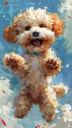 a painting of a dog running in the air with his paws up and mouth open