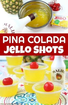 pina cola jello shots with pineapples and cherries in the background