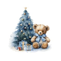 a watercolor painting of a teddy bear next to a christmas tree with presents under it