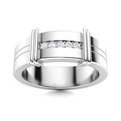 a men's wedding band with channeled diamonds in the center and two bars on each side