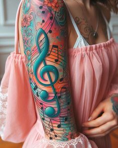 Turn your favorite melody into a masterpiece with musical notation tattoos. Perfect for musicians and music lovers, these designs let your skin sing with the beauty of every note. Melody Tattoo Music, Music Soul Tattoo, Watercolor Tattoo Music, Music Inspired Tattoos, Saxophone Tattoo, Fairy Tale Tattoo, Music Lover Tattoo, Musician Tattoo, Treble Clef Tattoo