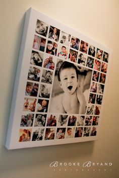 an image of a baby's face on a wall with many pictures in it