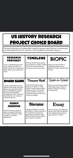 a black and white poster with the words us history research project choice board on it