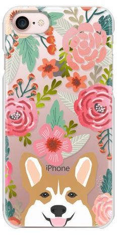 an iphone case with flowers and a dog's face on the front, in pink