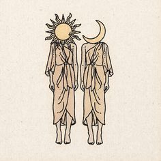 two people standing next to each other in front of a sun and moon on paper