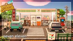 an animated image of cars parked in front of a convenience store with the words animal crossing written on it