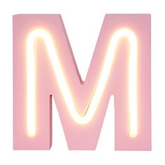 the letter m is lit up in pink and has neon lights on it's sides