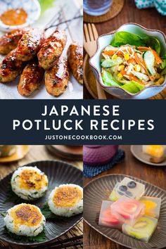 japanese potluck recipes on plates with chopsticks, rice and other foods