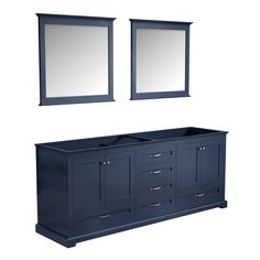 a bathroom vanity with two mirrors above it and blue cabinets below the mirror, on a white background